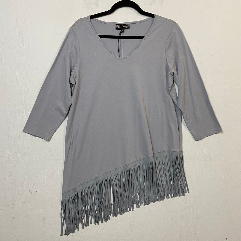 Dg2 Diane Gilman Gray Asymmetric Fringe Western Faux Suede Tunic Top Large NWT